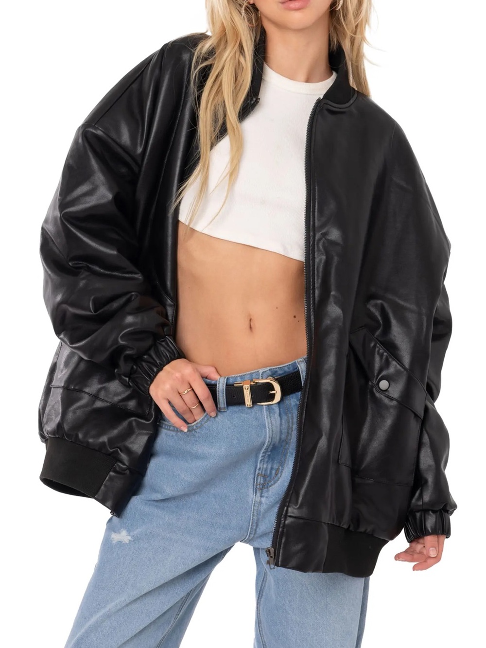 Edikted Black Leather Bomber Jacket - Classic Minimalist Style
